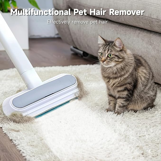 OMISTAR 2 Pcs 23.6 Inch Pet Hair Removal Tool, 4-in-1 Multifunctional Fur Cleaner with Extendable Handle, Reusable Dog Cat Hair Remover Brush for Furniture, Carpet, Couch, Bedding & Car Interiors