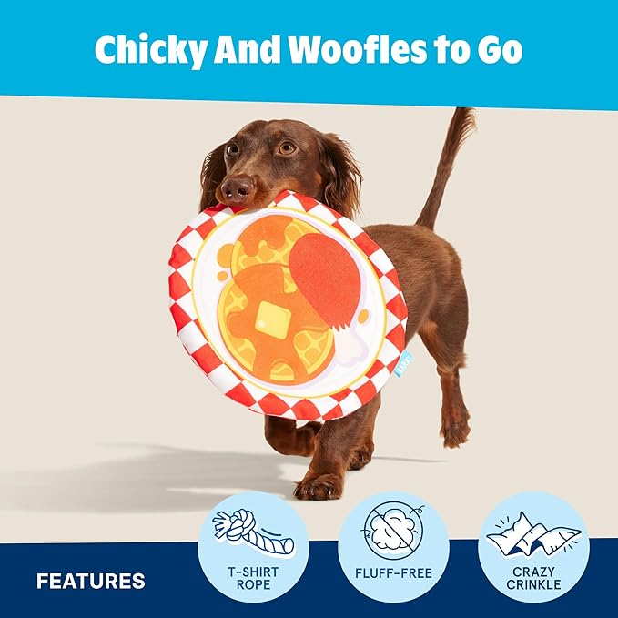 Barkbox Chicky and Woofles to Go Flying Disc Dog Toy | Fluff-Free Crinkle Disc with T-Shirt Rope Edge | Durable Fetch & Tug Toy for Dogs & Puppies