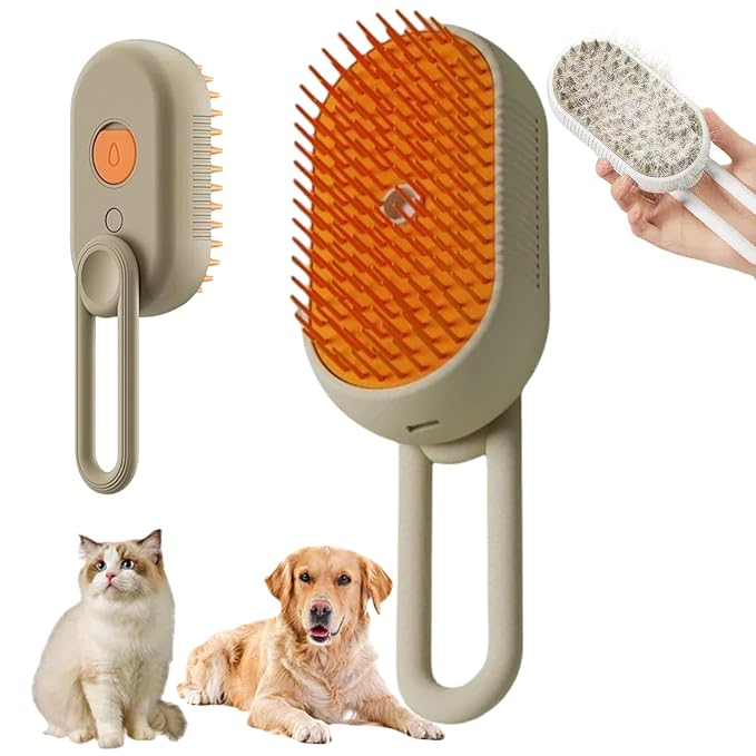 4 in 1 Cat Steam Brush for Shedding, Cat Brush with Steam, Pet Groomer Comb for Massage, Cleaning, Shedding & Combing, Hair Removal Comb for Cats Dogs (Khaki, For long hair)