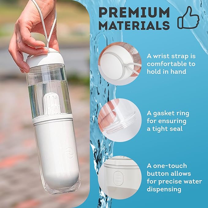 ABC Pack & Supply Dog Water Bottle Dispenser Portable, 12 oz Travel Size, Clear White ABS, One-Hand Button, Silicone Wrist Strap