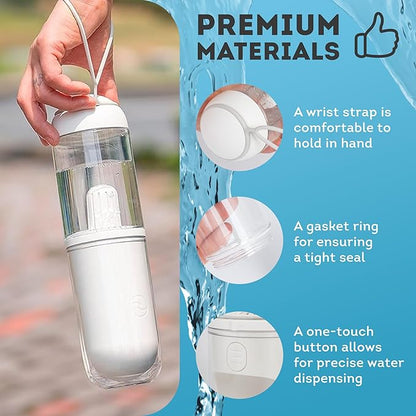 ABC Pack & Supply Dog Water Bottle Dispenser Portable, 12 oz Travel Size, Clear White ABS, One-Hand Button, Silicone Wrist Strap