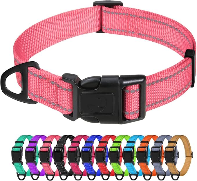 TagME Reflective Nylon Dog Collars, Adjustable Classic Pet Collar with Quick Release Buckle for Medium Dogs, Baby Pink, 1.0" Width