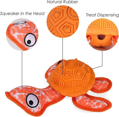 Squeaky Turtle Dog Toy, Treat Dispensing Rubber Ball, Bite Resistant Plush Chew Toy, Interactive Tug & Fetch Enrichment Toy for Medium & Small Breeds, Safe & Engaging for Puppies (Orange)