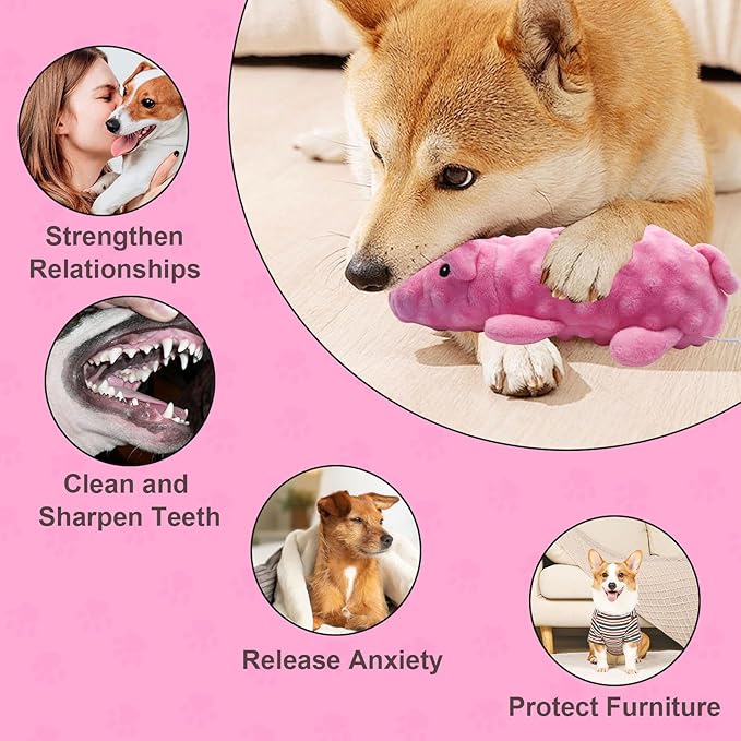 Andiker Dog Squeaky Toys, 10 in/24.5 cm Plush Dogs Toy Soft Dog Chew Toys in Pig Shape for Chewing Biting, Stuffed Puppy Toys with a 9.5 cm Squeaker and Crinkle Paper for All Breed Sizes Dogs (Pink)