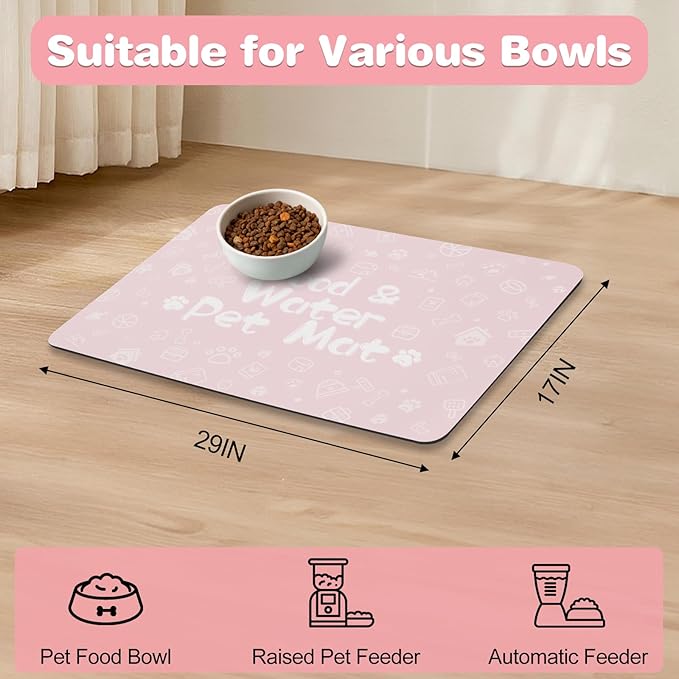 Pet Feeding Mat,Dog Cat Mat for Food and Water,Dog Bowl Waterproof Placemat with Rubber Backing,Absorbent Quick Dry Water Dispenser Mat for Pet（Pink 17"×29"）