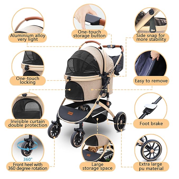 Pettingzoo Dog stroller with 4 Wheels, Folding Cat Stroller for Small/Medium/Large dogs & cats to 60 lbs, pet stroller with removable carrier, Storage BasketCup Holder,3 in1 Multifunctional Detachable
