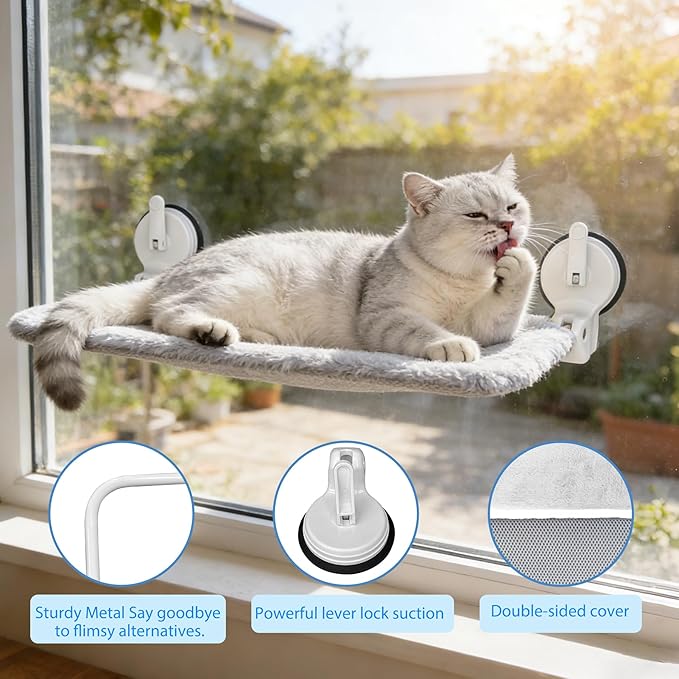 L&W BROS. 2PC Cat Window Perch with Lever Lock Suction Cups Holds up to 50 lbs Foldable & Space Saving Design Heavy Duty Window Hammock for Large or Multiple Cats (L 2Pc)
