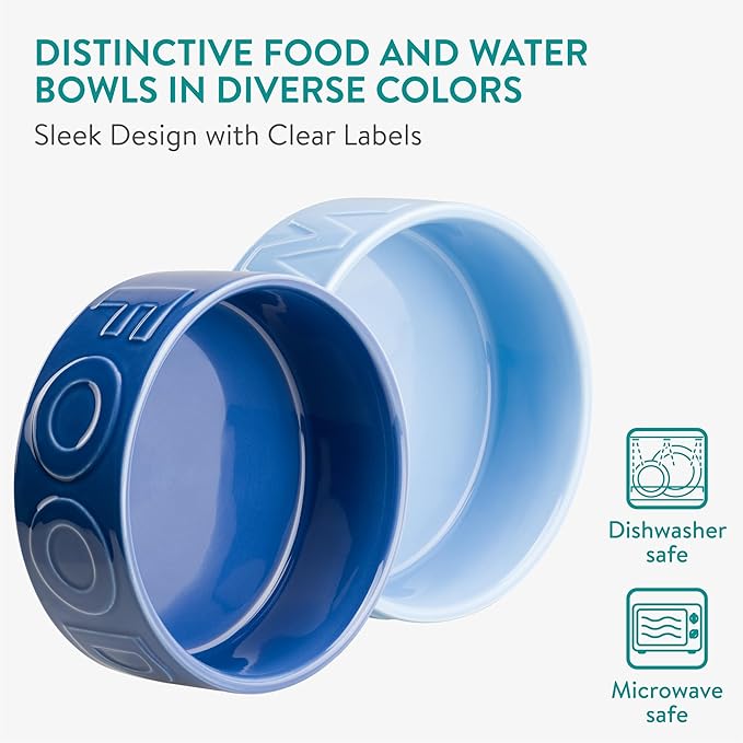 Navaris Dog Food and Water Bowl Set - 16 cm (6.3") Ceramic Bowls for Medium and Large Dogs or Big Cats - 700 ml (23.7 oz) Feeding Dish - Light Blue/Dark Blue