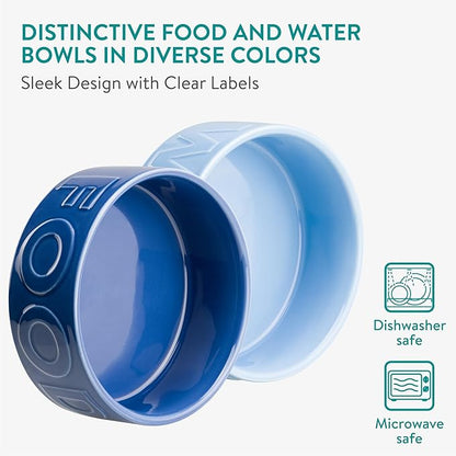 Navaris Dog Food and Water Bowl Set - 16 cm (6.3") Ceramic Bowls for Medium and Large Dogs or Big Cats - 700 ml (23.7 oz) Feeding Dish - Light Blue/Dark Blue