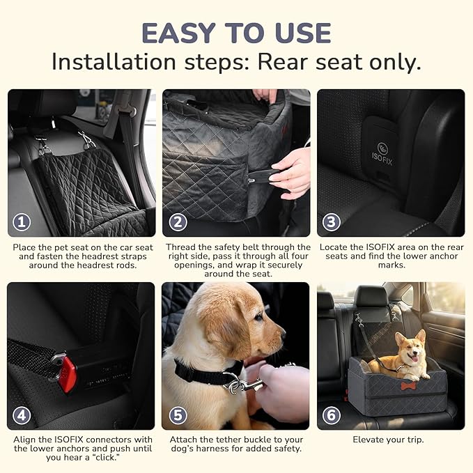 Dog Car Seat for Small Medium Dogs, 6" Elevated Booster Seat with ISOFIX Safety Fixation, Washable Cover & High Density Memory Foam, Portable for Car Front/Rear/Trunk Home Outdoor Use (Charcoal Gray)