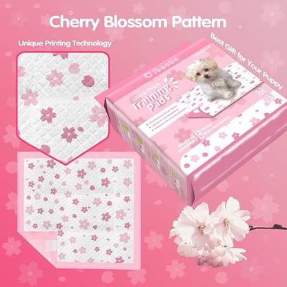 Pink Puppy Pads, 50 Count Cute Dog Pee Pad with Adhesive Tabs for Potty Training, Pink Cherry Blossom Design, Leak-Proof Quiky-Dry Pads for Puppies, Dogs, Cats, Rabbits(23x23in Super Absorbent)