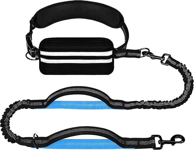 Hands Free Dog Leash with Zipper Pouch, Running Waist Leash for Dog Walking, Adjustable Waist Belt for Large Dogs, Reflective Bungee Design with Two Handle for Hiking,Training, Black