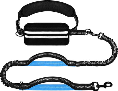 Hands Free Dog Leash with Zipper Pouch, Running Waist Leash for Dog Walking, Adjustable Waist Belt for Large Dogs, Reflective Bungee Design with Two Handle for Hiking,Training, Black