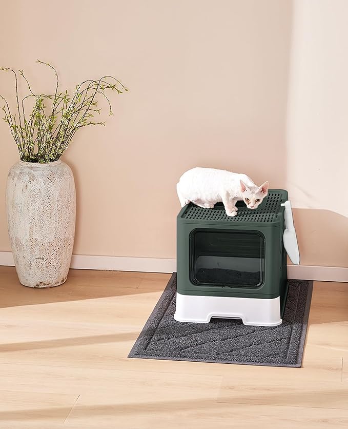 Cat Litter Box with X-Large Litter Mat and Scoop, Large Covered Litter Box with Lid, Enclosed Kitty Box,Front Top Entry Exit, Odor Control Easy to Clean (Upgrade Olive Green)