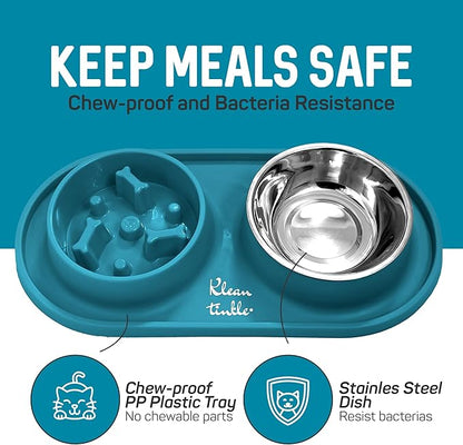 Pets Anti Skid Double Slow Feeder Dog Bowls with Non Skid Silicone Mat - Stainless Steel Dog Water Bowl for Cats & Pets Beautiful Dirty Blue Color