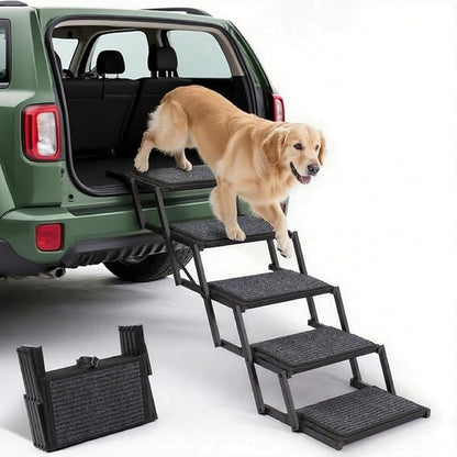 Dog Steps for Car, Truck and SUV - Foldable Pet Stairs for Large Dogs with Non-Slip Rug Surface, Lightweight Dog Ramp Holds Up to 250lbs, 5 Steps (Black Metal Fram, 5 Steps)