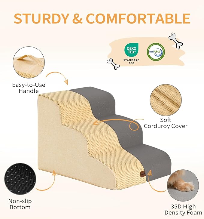 Made4Pets Dog Stairs Ramp for Small Dogs 15.7" H, 3-Step Dog Steps for Bed Couch Sofa and Chair, 35D Foam Pet Steps for Small Dogs and Cats, Non-Slip Bottom Pet Stairs, Tan