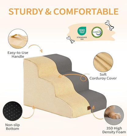 Made4Pets Dog Stairs Ramp for Small Dogs 15.7" H, 3-Step Dog Steps for Bed Couch Sofa and Chair, 35D Foam Pet Steps for Small Dogs and Cats, Non-Slip Bottom Pet Stairs, Tan
