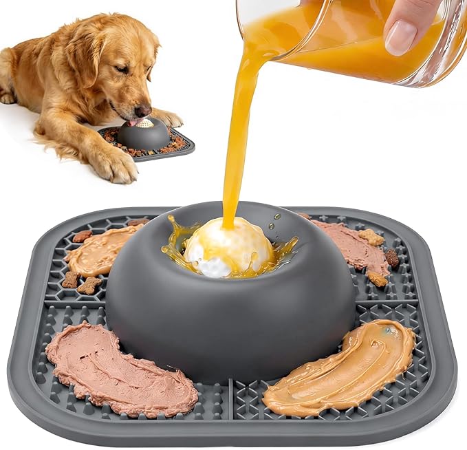 PetsHome Slow Feeder Dog Bowls & Lick Mat for Liquid and Thick Treat, Anti-Slip Dog Lick Bowl with Interactive Rolling Ball, 5/6 Cup Pup Licking Toy for Large Medium Small Dogs and Cats Gray