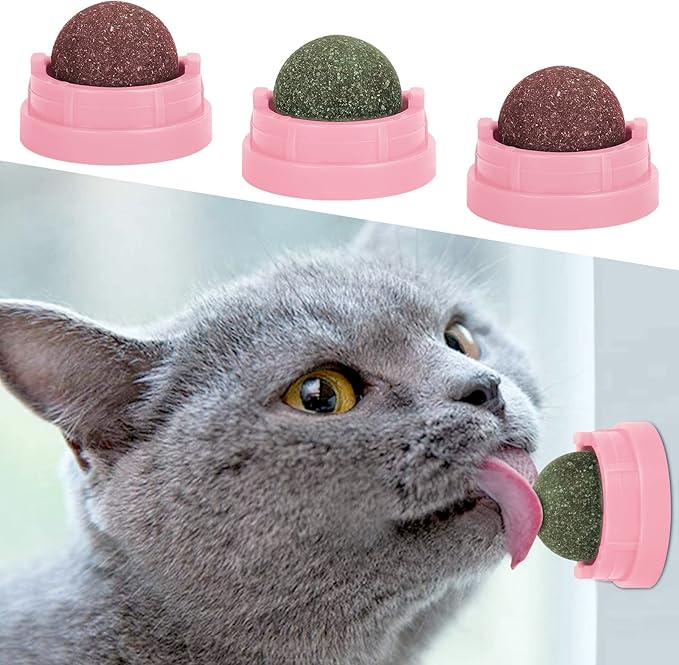 3 Pack Catnip Balls, Catnip Ball for Cats Wall, Edible Kitty Toys for Cats Lick, Safe Healthy Kitten Chew Toys, Teeth Cleaning Dental Cat Toys, Cat Wall Treats (1, Pink)