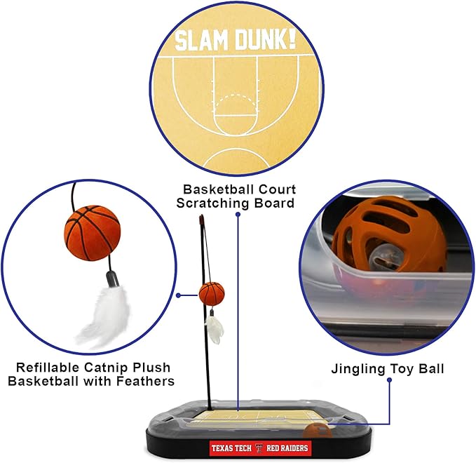 Pets First Cat Scratch Toy NCAA Texas TECH Red Raiders Reversible Basketball Court Felt/Cardboard Toy. Bell Tracks. 6-in-1 CAT Toy: Cat Wand Poll Catnip-Filled Plush Basketball (TT-5017-BB)