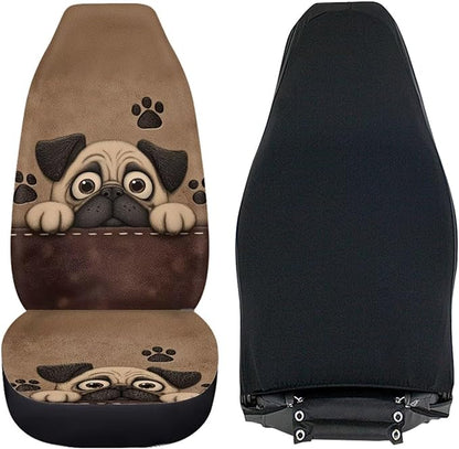 Dreaweet Car Seat Covers for Women Cute Pug Car Accessories Interior 2 Piece Universal Elastic Front Seat Covers for SUV Sedan Washable Vehicle Seat Cover for Carseat Protection
