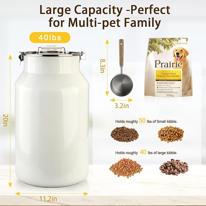 Dog-Cat Food Storage Container 40 lb/38 Qt, Large Stainless Steel Pet Food Bin with Airtight Lid & Scoop Included, Durable 304 Metal Storage for Dogs & Cats