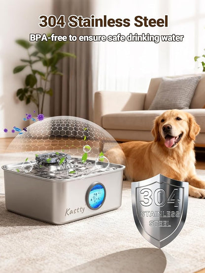 Kastty 15L/4 Gal Dog Water Fountain, Stainless Steel Large Pet Water Fountain with Water Level LED Light, Quiet Automatic Dog Water Bowl Dispenser for Dogs Inside Easy Cleaning FS79