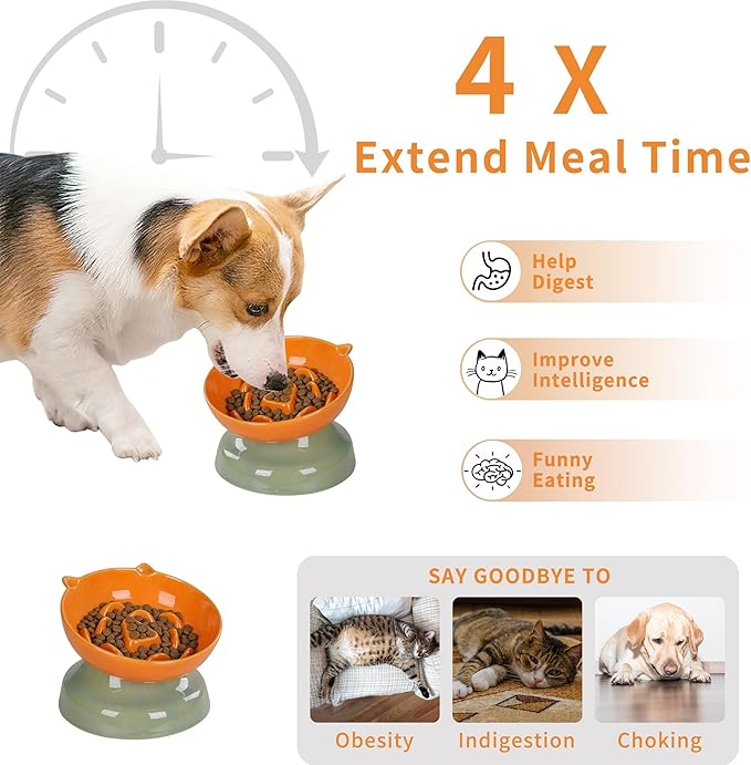 Ceramic Slow Feeder Dog Bowl, Elevated Maze Food Dish with Heavy Base, Anti Choking & Reduce Bloating, Raised Feeding Bowl for Small Medium Dogs (Orange)