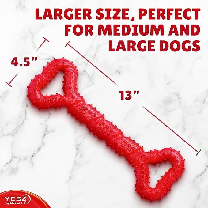 YES4QUALITY Dog Chew Toy - Durable Chew Bone for Medium and Large Dogs - 13", Red - Tough Rubber Tug of War Bone Pet Toy for Aggressive Chewers - Bumpy Design for Puppy Teething