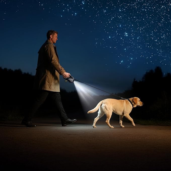 Retractable Dog Leash, 11ft Tangle-Free Reflective Nylon Tape with Anti-Slip Handle & USB Rechargeable Flashlight for Night Walks, Suitable for Small to Medium Dogs Up to 30 Lbs (Black)