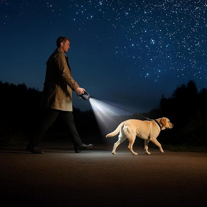 Retractable Dog Leash, 11ft Tangle-Free Reflective Nylon Tape with Anti-Slip Handle & USB Rechargeable Flashlight for Night Walks, Suitable for Small to Medium Dogs Up to 30 Lbs (Black)