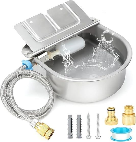 FHTONGE 304 Stainless Steel Automatic Dog Water Bowl Dispenser with Drainage and Float Valves, Large Auto Fill Dog Waterer for Outdoor Big Dog Livestock Poultry Horse Cow Goat Pig Chicken Duck Rabbit