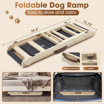 Dog Steps for Bed & Couch - 2-in-1 Dog Stairs/Ramp for Small to Large Breeds - 6 Adjustable Height from 12" to 24" - Folding Portable Wooden Ramp for Dogs to Get on Bed Couch Car Up to 200LBS