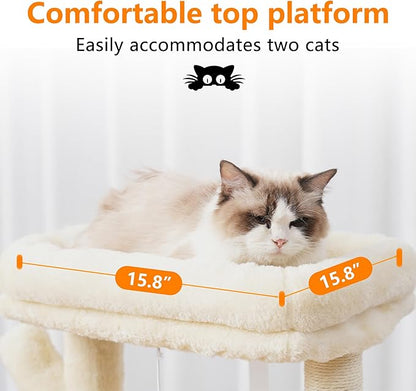 Heybly Cat Tree, 39.4 Inches Tower Condo with Scratching Post, Cat Tower for Indoor Cats, Fully Wrapped Sisal Pole, Soft Platform, 2 Baskets and Dangling Toy, Beige HCT006SM