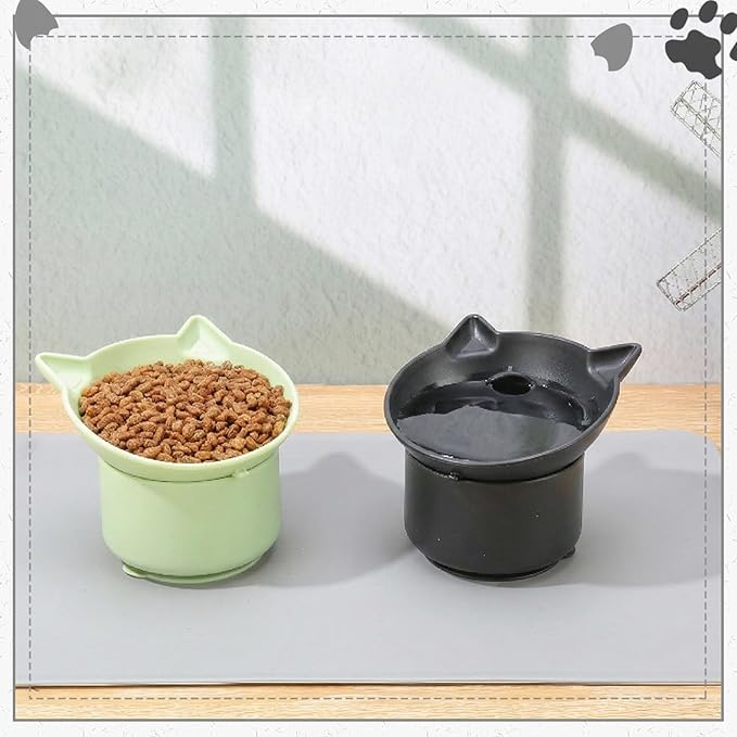 2 Pack Black, Green Slow Feeder for Cat Bowls, Silicone Tilted Raised Pet Bowl with Non Slip Base for Digestion Anti Vomit