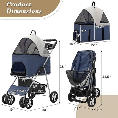 Athena Collection 4-Wheel Pet Stroller for Medium Dogs & Cats - Detachable Carrier, Cup Holder, Bottom Storage - Navy Black