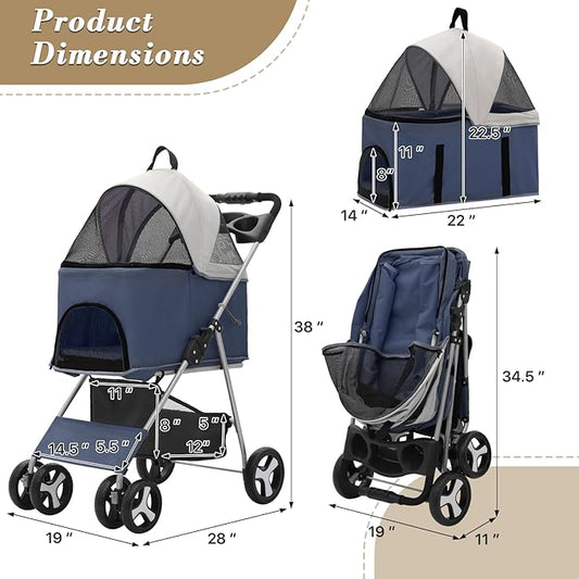 Athena Collection 4-Wheel Pet Stroller for Medium Dogs & Cats - Detachable Carrier, Cup Holder, Bottom Storage - Navy Black