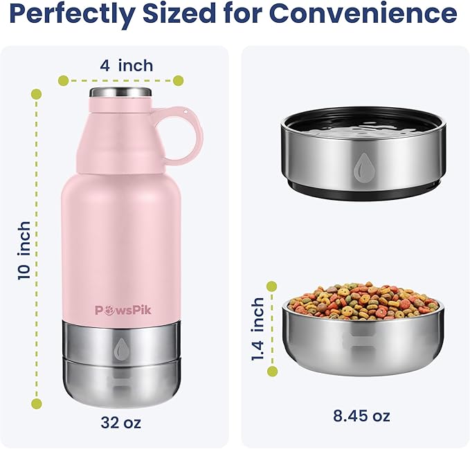 PawsPik 32oz 3-in-1 Travel Dog Water Bottle & Bowl Set – Stainless Steel Vacuum-Insulated Bottle with Detachable Food & Water Bowls, Leak-Proof, Keeps Water Cold 12hrs/Hot 6hrs (Cherry Blossom Pink)