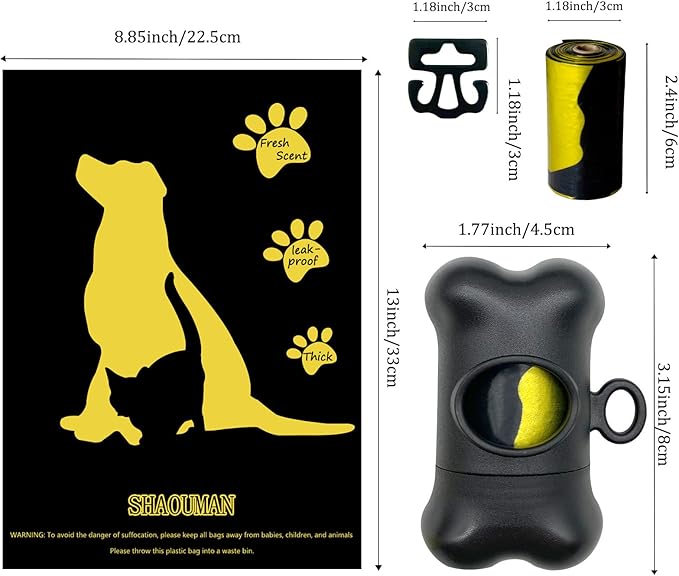 Bone-Shaped Dog Poop Bag Holder for Leash |Dispenser with 15 Leak-Resistant Waste Bags & Carabiner Clip(Black)