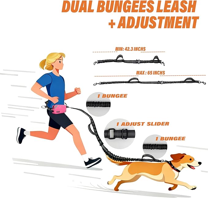 Hands Free Dog Leash with Waterproof Pouch, Adjustment Bungee Leash with Dual Soft Padded Handles for Hiking, Walking, Jogging and Running Your Dogs(Pink)