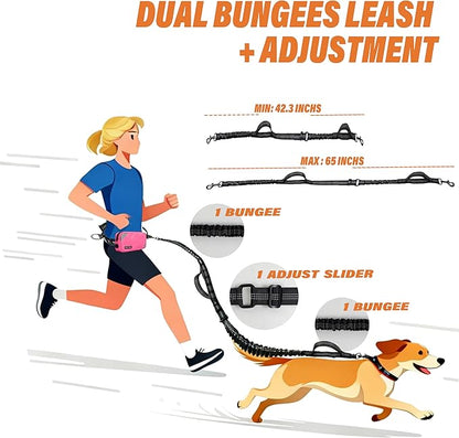 Hands Free Dog Leash with Waterproof Pouch, Adjustment Bungee Leash with Dual Soft Padded Handles for Hiking, Walking, Jogging and Running Your Dogs(Pink)