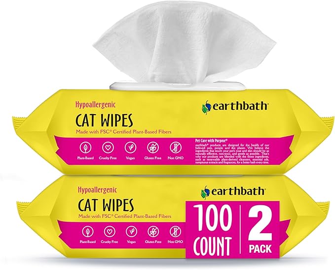 earthbath, Hypo-Allergenic Cat Wipes - Fragrance Free Cat Wipes for Paws and Butt, Best Pet Wipes for Cats with Sensitive Skin, Made in USA, Cruelty-Free Cat Cleaning Wipes - 100 Count (2 Pack)