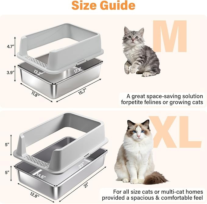 Stainless Steel Cat Litter Box, Metal Kitty Litter Box with High Sides Lid for Kittens, Small or Medium Cats, Open Top Low Entry Litter Pan Include Scoop and Mat, Anti-Urine Leakage, Easy Cleaning, M