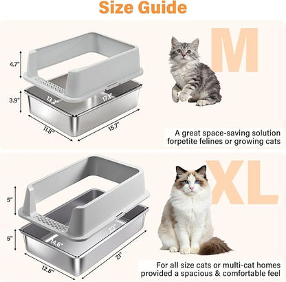 Stainless Steel Cat Litter Box, Metal Kitty Litter Box with High Sides Lid for Kittens, Small or Medium Cats, Open Top Low Entry Litter Pan Include Scoop and Mat, Anti-Urine Leakage, Easy Cleaning, M