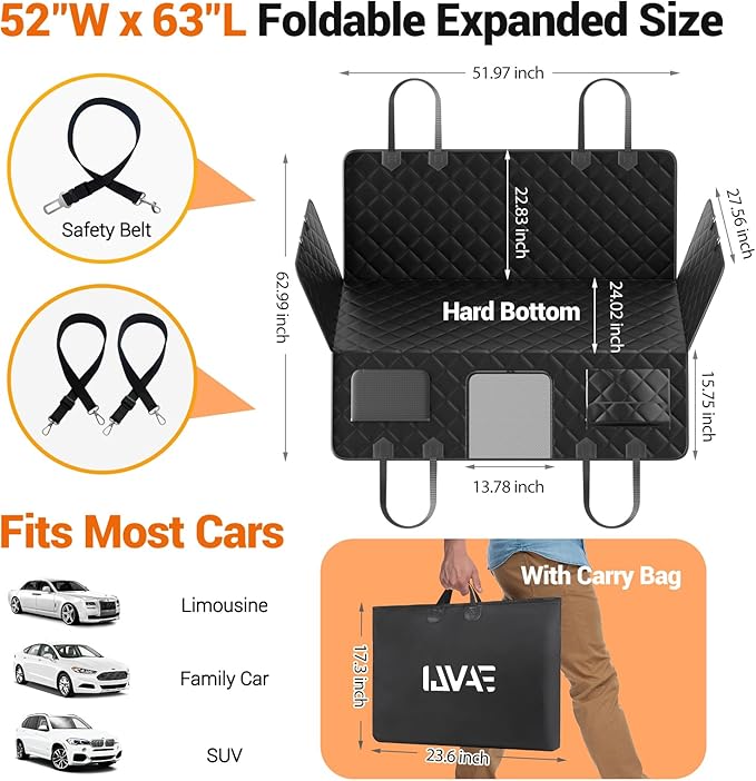IJVAE Hard Bottom Car Seat Cover for Dogs.Black Waterproof Dog Seat Cover for Back Seat Extender for Dogs,Scratch-Proof and Anti-Slip Car Dog Hammock for Large Dogs SUV,Black(Holds 500 Lbs)