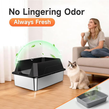 Stainless Steel Litter Box with High Sides Lid, XL High Sided Cat Litter Pan, Open Top Extra Large Metal Cat Litter Box, Non-Stick Leakproof, Litter Scoop Included, Black