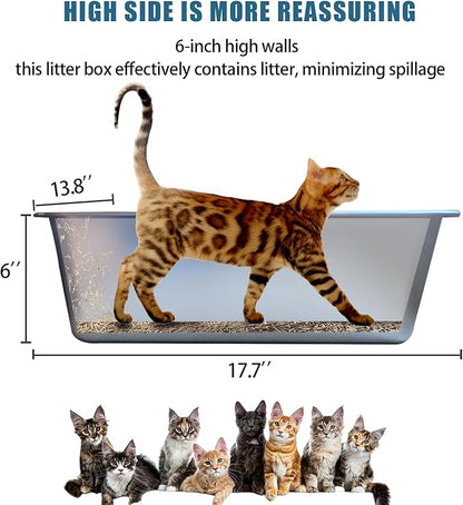 Stainless Steel Cat Litter Box, Metal High Sided Kitty Large Litter Box Pan,Non-Sticky, Easy to Clean, Pet Toilet Supplies for Kitten, Rabbit (Silver, 17.7" x13.8" x6")