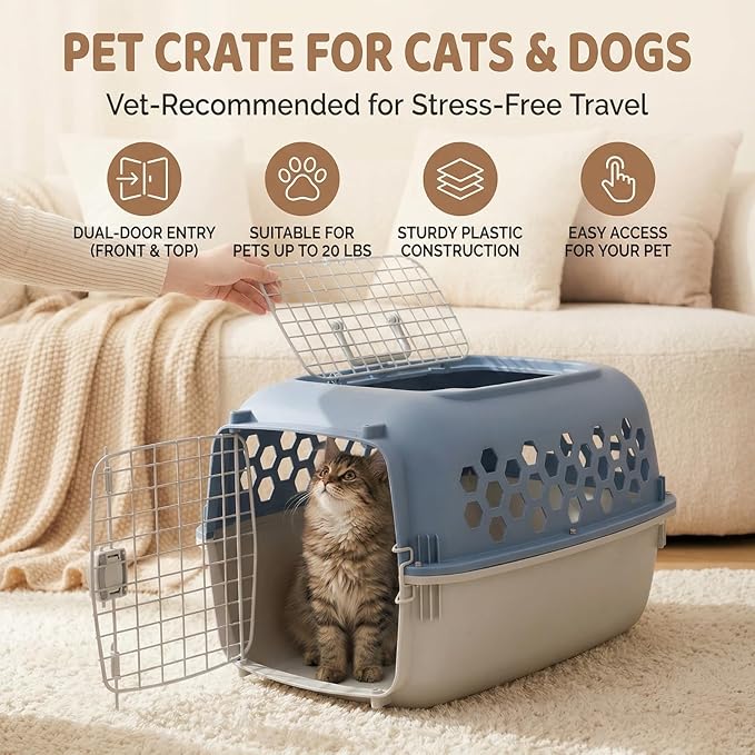 Hard-Sided Pet Carrier for Dogs and Cats | 24-Inch Top-Load Travel Kennel with Double Door Entry | Heavy-Duty Plastic Crate for Vet Visits & House Training, Up to 30 lbs Capacity,Blue/Gray