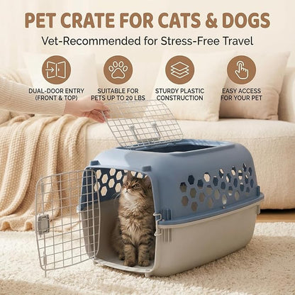 Hard-Sided Pet Carrier for Dogs and Cats | 24-Inch Top-Load Travel Kennel with Double Door Entry | Heavy-Duty Plastic Crate for Vet Visits & House Training, Up to 30 lbs Capacity,Blue/Gray